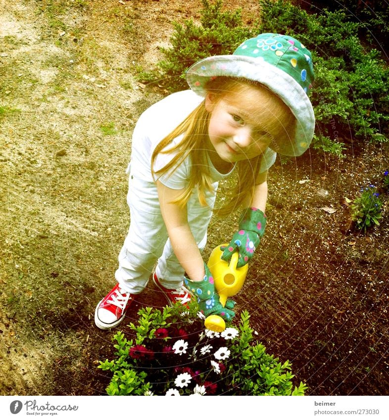 kleine Gärtnerin feminin Kind Mädchen Kindheit Körper Gesicht 1 Mensch 3-8 Jahre Natur Sommer Schönes Wetter Blume Blüte Garten Handschuhe Hut rothaarig