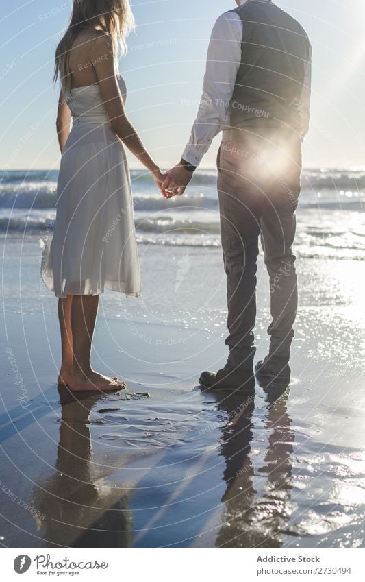 Schönes Brautpaar, das am Ufer posiert. Paar hochzeitlich Strand Fröhlichkeit Seeküste Händchenhalten heiter Außenaufnahme Zusammensein Zufriedenheit Sommer