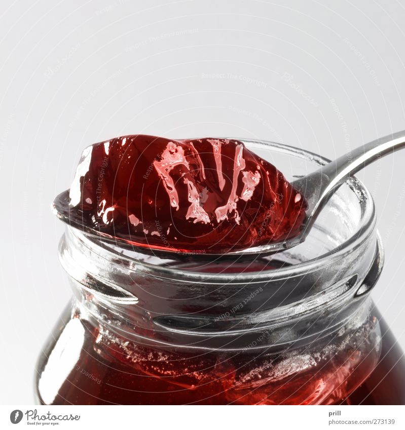 jelly with glass and spoon Lebensmittel Frucht Süßwaren Marmelade Ernährung Frühstück Geschirr Löffel elegant einfach frisch Sauberkeit rein eingemacht