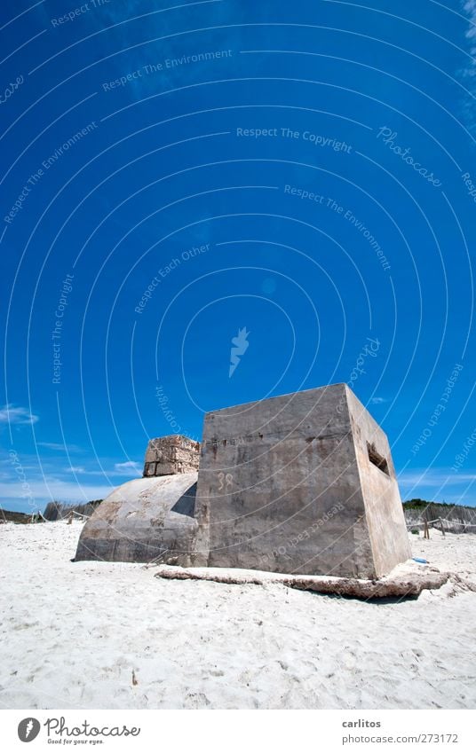 Jim Knopf und die wilde 38 Natur Luft Wolkenloser Himmel Sommer Schönes Wetter Strand Ruine Bauwerk alt blau weiß Bunker Beton eckig rund Lokomotive gehen Sand