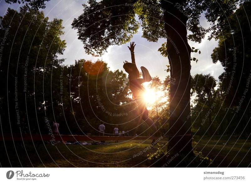 linejump Mensch Junger Mann Jugendliche Leben 1 Sonne Baum Park springen Freude Freizeit & Hobby Funsport Sommer Wiese leuchten Leichtigkeit Slackliner