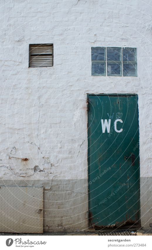 das klo ist im hof. ruhig Häusliches Leben Bauwerk Gebäude Fassade Fenster Tür Lüftungsklappe Lüftungsschlitz Holz Backstein Schriftzeichen dunkel trashig grün