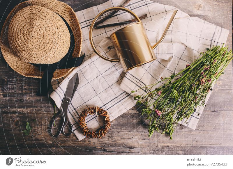 rustikaler Gärtner auf weißem Hintergrund. Freizeit & Hobby Sommer Garten Tisch Schere Umwelt Natur Pflanze Blume Hut Gießkanne alt Wachstum grün Frühling