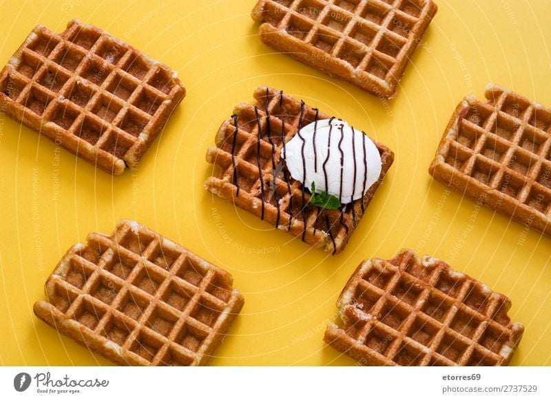 Waffeln mit Schokoladensauce, Eis und Minze Dessert Speiseeis Belgier Belgien weiß süß Lebensmittel Gesunde Ernährung Foodfotografie Hintergrund Frühstück Wafer