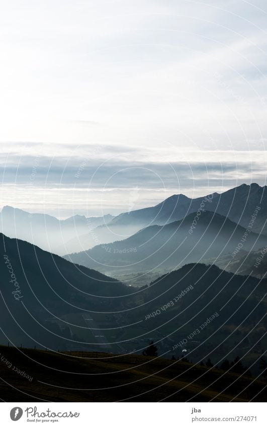 Pays-d'Enhaut Erholung ruhig Ferne Sommer Berge u. Gebirge wandern Natur Landschaft Himmel Wolken Herbst Schönes Wetter Nebel Hügel Alpen Gipfel Saanenland