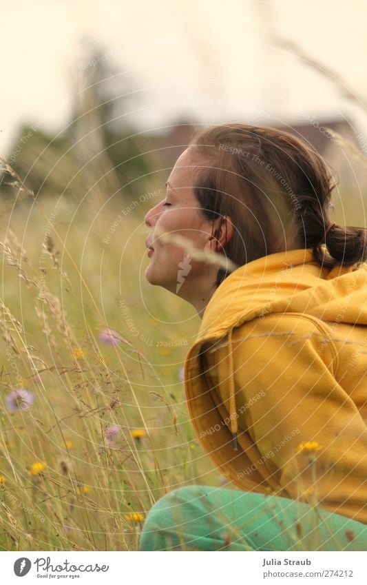 En Mensch feminin Junge Frau Jugendliche Erwachsene 1 18-30 Jahre Natur Sommer Blume Gras Kapuzenjacke brünett Zopf Dutt atmen authentisch Duft braun gelb grün