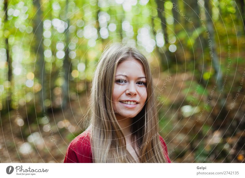 Schöne Frau in einem schönen Wald Lifestyle Glück Gesicht Freiheit Mensch Erwachsene Natur Herbst Wind Baum Park Mode blond Lächeln Erotik frisch lang natürlich