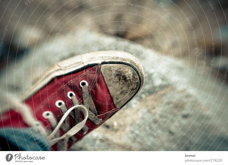 Hiddensee | Der rote Schuh Lifestyle Stil Strand Mode Schuhe Turnschuh Schuhbänder Schleife Stein alt dreckig trashig weiß Lensbaby Farbfoto Gedeckte Farben