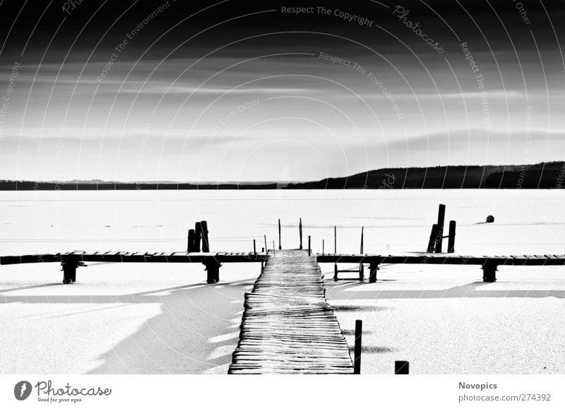 footbridge in frozen lake #4 ruhig Sonne Winter Schnee Natur Landschaft Wasser Himmel Wolken Horizont Eis Frost Seeufer schwarz weiß Schneelandschaft gefroren