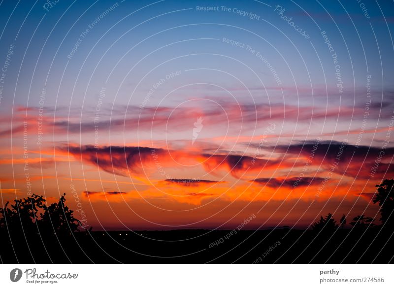 Wolkenstimmung Sonne Himmel Sonnenaufgang Sonnenuntergang Schönes Wetter dunkel Wärme blau violett orange rot schwarz Farbenspiel Farbfoto Außenaufnahme