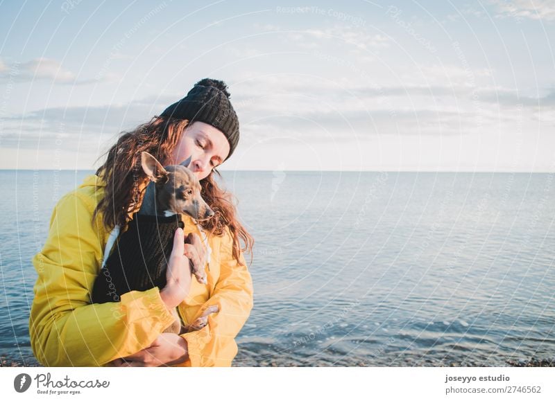 Frau mit ihrem kleinen Hund am Strand Lifestyle Erholung Ausflug Freiheit Sonne Winter Freundschaft 30-45 Jahre Erwachsene Natur Tier Horizont Küste Jacke