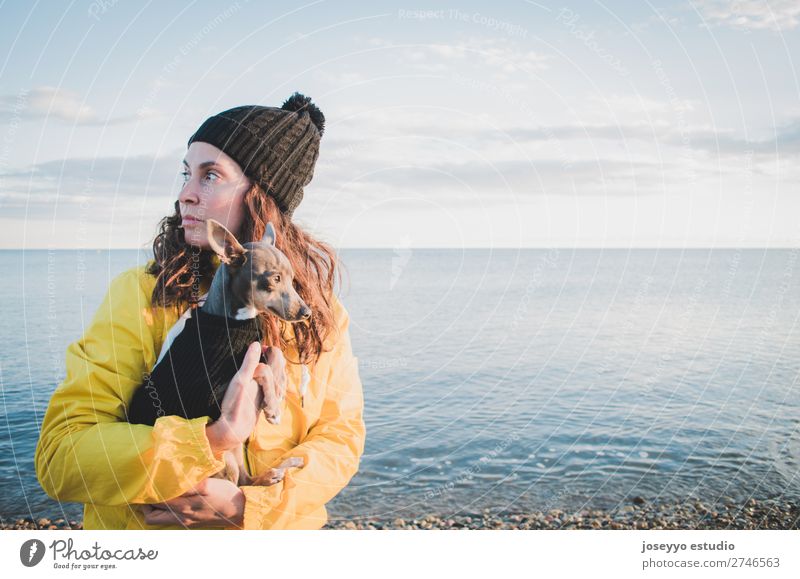 Frau mit ihrem kleinen Hund am Strand Lifestyle Erholung Ausflug Freiheit Sonne Winter Freundschaft 30-45 Jahre Erwachsene Natur Tier Horizont Küste Jacke