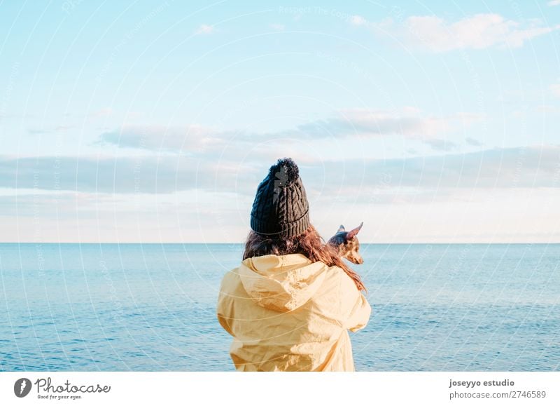 Frau mit ihrem kleinen Hund am Strand Lifestyle Erholung Ausflug Freiheit Winter Freundschaft Natur Tier Horizont Küste Jacke Mantel Hut Haustier Liebe gelb