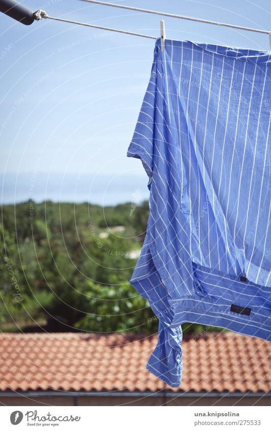 blau machen Himmel Meer Dach Mode Hemd Stoff hängen frisch Wäscheleine trocknen gestreift Ferien & Urlaub & Reisen Wäsche waschen Farbfoto Gedeckte Farben