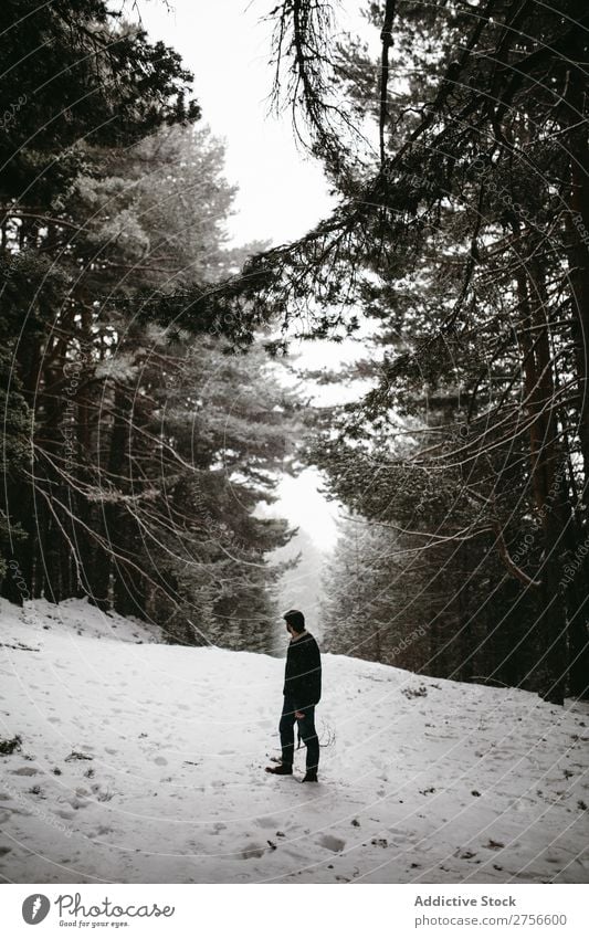 Touristen stehen im verschneiten Wald Mann Backpacker Straße Winter Natur Schnee kalt Frost Jahreszeiten Landschaft weiß schön ländlich gefroren