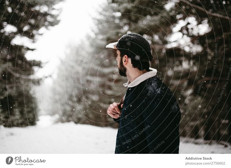 Touristen stehen im verschneiten Wald Mann Backpacker Straße Winter Natur Schnee kalt Frost Jahreszeiten Landschaft weiß schön ländlich gefroren