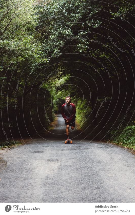 Mann auf dem Skateboard auf der Forststraße Wald Freude Schlittschuhlaufen Mensch Sport extrem Bewegung Energie Straße Aktion Ausritt Gleichgewicht Lifestyle