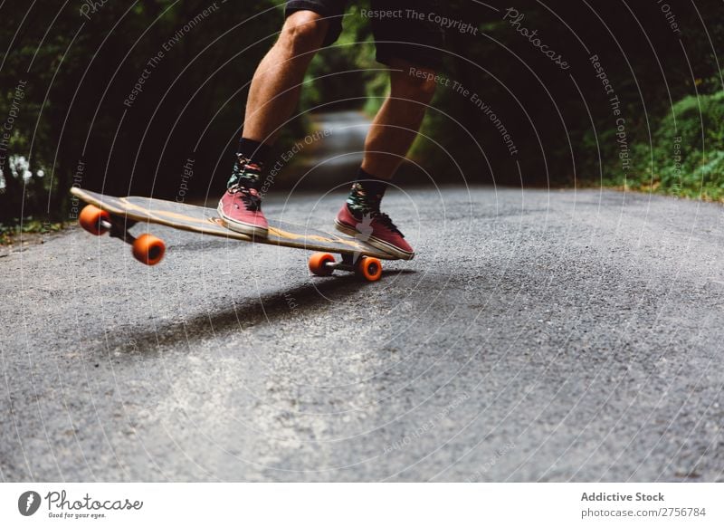 Getreidemann auf dem Skateboard auf der Forststraße Mann Wald Freude Schlittschuhlaufen Mensch Sport extrem Bewegung Energie Straße Aktion Ausritt Gleichgewicht