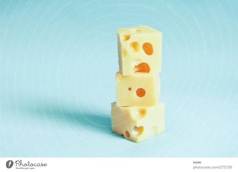 Sach ma cheese! Lebensmittel Käse Milcherzeugnisse Ernährung Bioprodukte Vegetarische Ernährung frech lecker lustig blau gelb Idee Kreativität Käsewürfel Humor