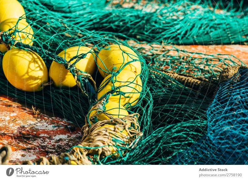 Netz mit gelben Schwimmern Ball Bobfahrer Boje Farbe mehrfarbig Tag Detailaufnahme Gerät Fischereiwirtschaft Netzstrümpfe Im Wasser treiben Gleitkommazahlen