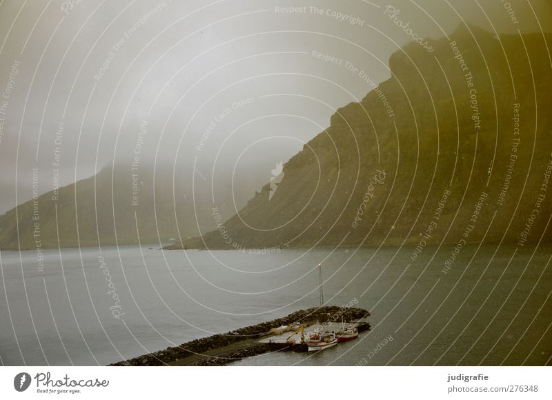 Island Umwelt Natur Landschaft Wolken Klima Wetter schlechtes Wetter Schneefall Felsen Berge u. Gebirge Fjord Westfjord Hafen Schifffahrt Fischerboot bedrohlich