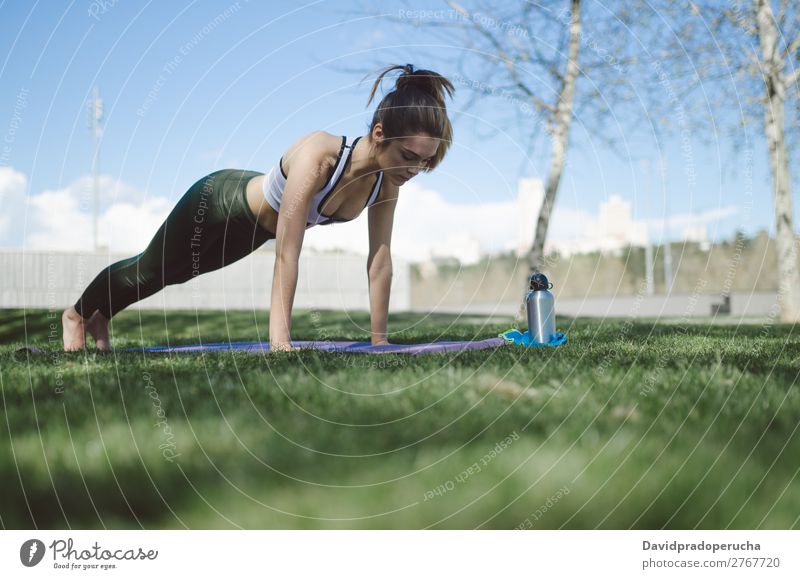 fit gesunde Frau, die gerne Sport treibt und trainiert. Lifestyle schön Körper Wellness Erholung Meditation Yoga Mensch Erwachsene Natur Wärme Park brünett