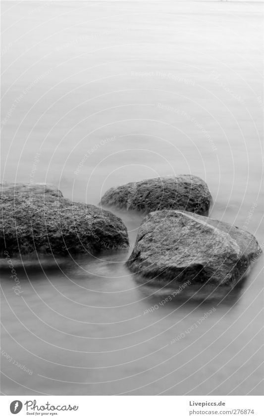 Inselsteine 1 Umwelt Natur Landschaft Wasser Küste Seeufer Strand Bucht Stein grau schwarz weiß Schwarzweißfoto Außenaufnahme Abend Dämmerung Langzeitbelichtung