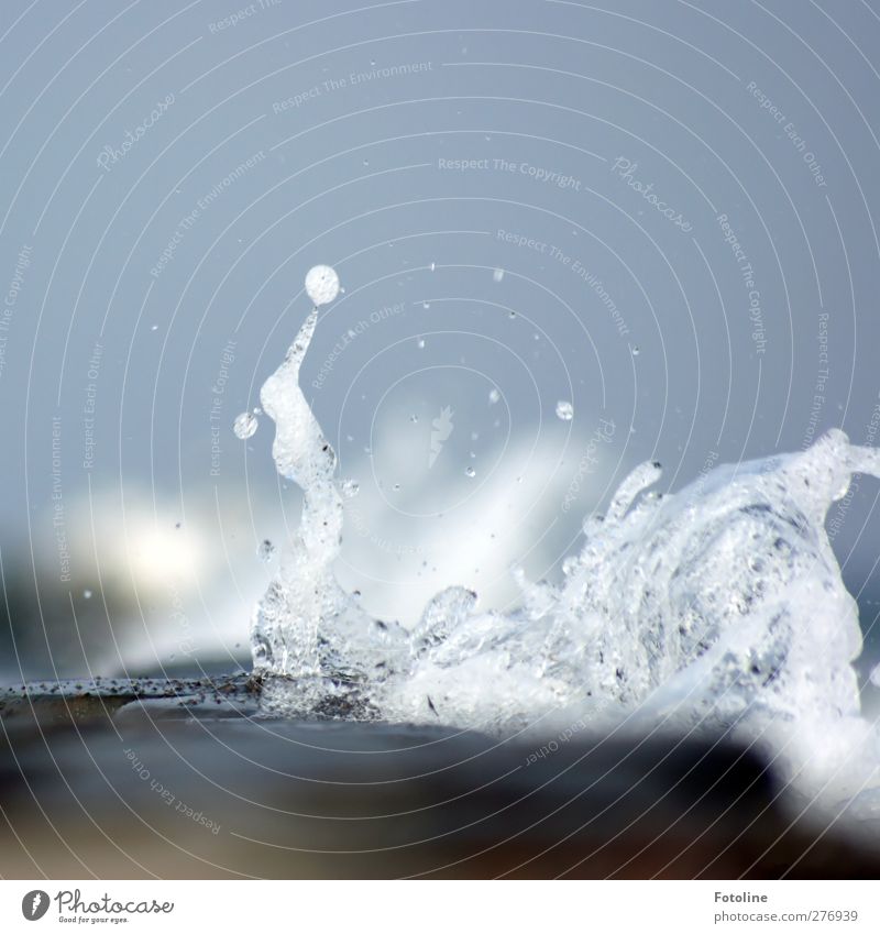 spritzig Umwelt Natur Urelemente Wasser Wassertropfen Himmel Wolkenloser Himmel Wellen Küste Ostsee Meer frisch hell nass natürlich wild grau weiß Holz spritzen