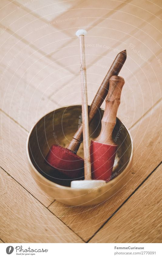 Singing bowl with felt mallets on floorboards harmonisch Wohlgefühl Zufriedenheit Sinnesorgane Erholung ruhig Meditation Trommelschlegel Klöppel Klangschale