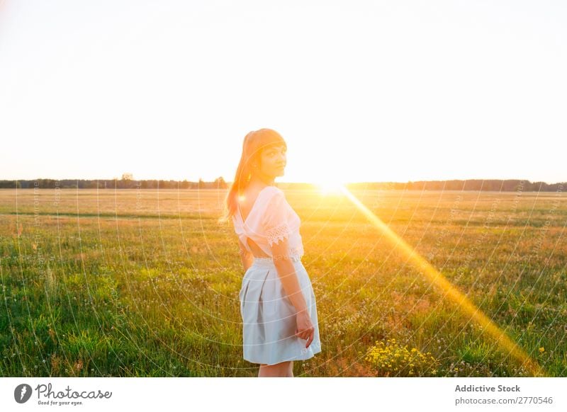 Romantische Frau auf der grünen Wiese romantisch Feld geblümt Grabkränze Stil feminin Freude zart Model Freiheit Landschaft Freizeit & Hobby Fröhlichkeit gold