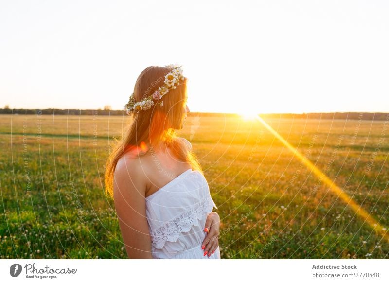 Romantische Frau auf der grünen Wiese romantisch Feld geblümt Grabkränze Stil feminin Freude zart Model Freiheit Landschaft Freizeit & Hobby Fröhlichkeit gold