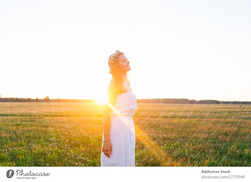 Romantische Frau auf der grünen Wiese romantisch Feld geblümt Grabkränze Stil feminin Freude zart Model Freiheit Landschaft Freizeit & Hobby Fröhlichkeit gold