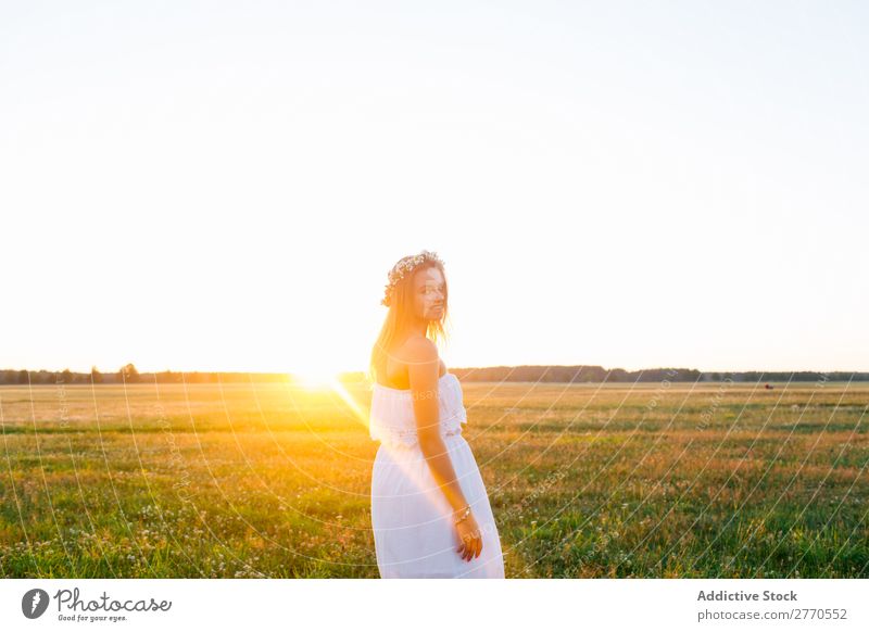 Romantische Frau auf der grünen Wiese romantisch Feld geblümt Grabkränze Stil feminin Freude zart Model Freiheit Landschaft Freizeit & Hobby Fröhlichkeit gold