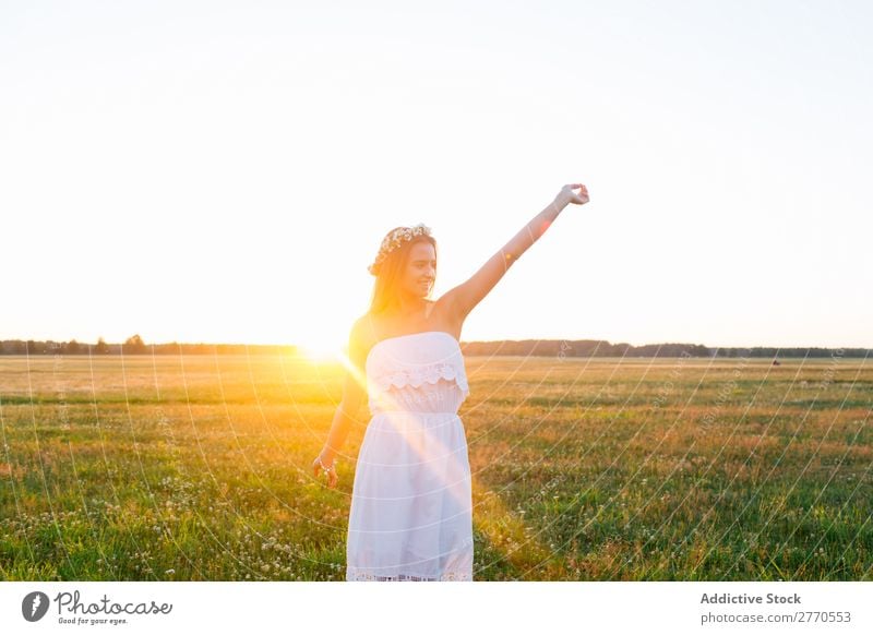 Romantische Frau auf der grünen Wiese romantisch Feld geblümt Grabkränze Stil feminin Freude zart Model Freiheit Landschaft Freizeit & Hobby Fröhlichkeit gold