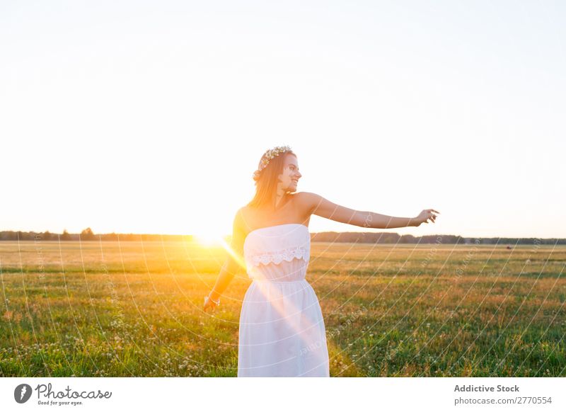 Romantische Frau auf der grünen Wiese romantisch Feld geblümt Grabkränze Stil feminin Freude zart Model Freiheit Landschaft Freizeit & Hobby Fröhlichkeit gold