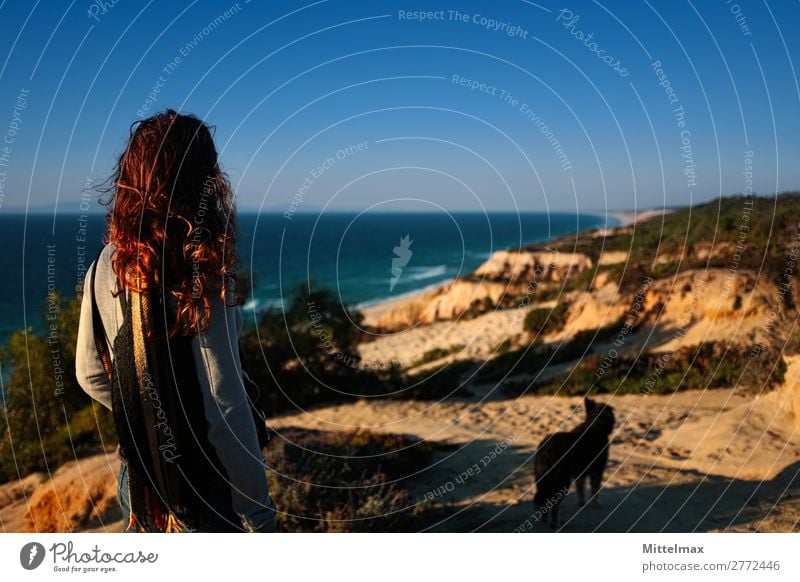 Red curly haired woman with dog on the beach watching the waves Freude Ferien & Urlaub & Reisen Abenteuer Freiheit Sommer Strand Wellen feminin Haare & Frisuren