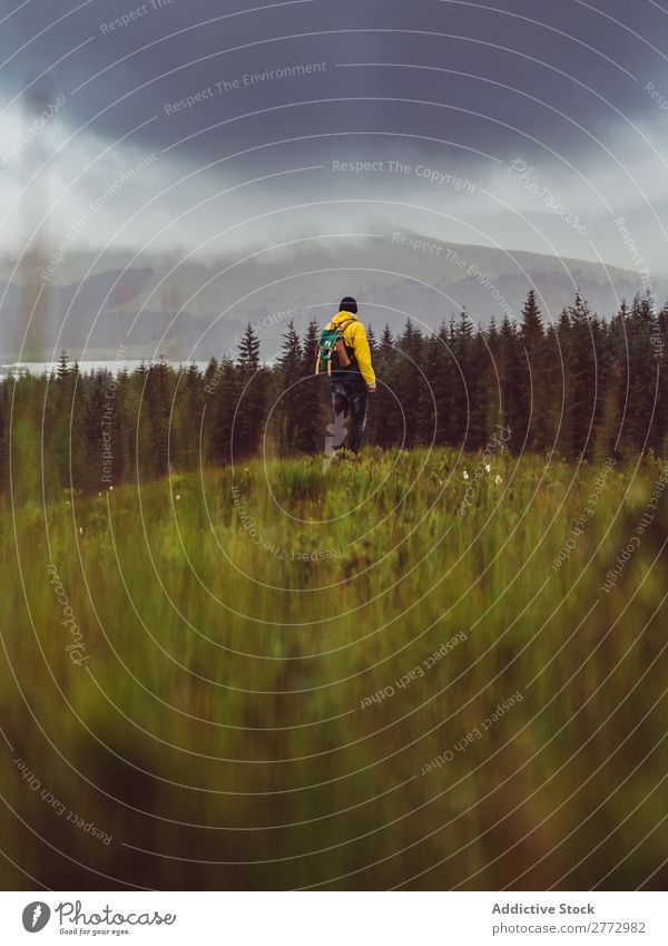 Backpacker im ländlichen Bereich Mann Wald Wolkendecke Mensch Rucksacktourismus Landschaft Aussicht Wetter Tourismus Reisender Abenteuer wandern Einsamkeit