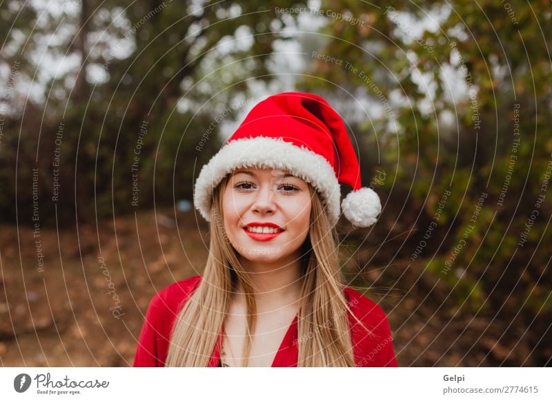 Junge Frau mit Weihnachtshut im Wald Lifestyle Freude Glück schön Gesicht ruhig Winter Weihnachten & Advent Mensch Erwachsene Lippen Natur Nebel Baum Park Mode