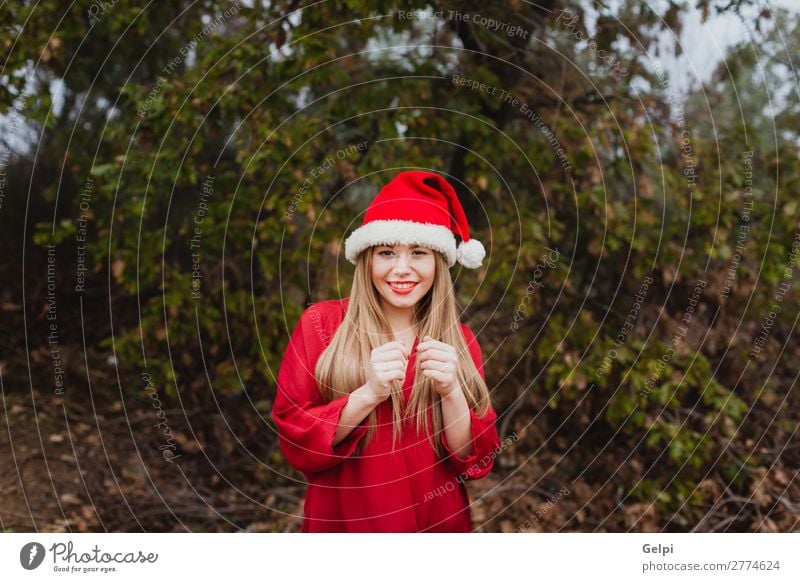 Junge Frau mit Weihnachtshut im Wald Lifestyle Freude Glück schön Gesicht ruhig Winter Weihnachten & Advent Mensch Erwachsene Lippen Natur Nebel Baum Park Mode