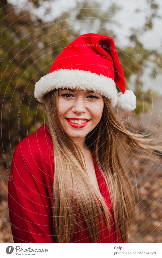 Junge Frau mit Weihnachtshut im Wald Lifestyle Freude Glück schön Gesicht ruhig Winter Weihnachten & Advent Mensch Erwachsene Lippen Natur Nebel Baum Park Mode