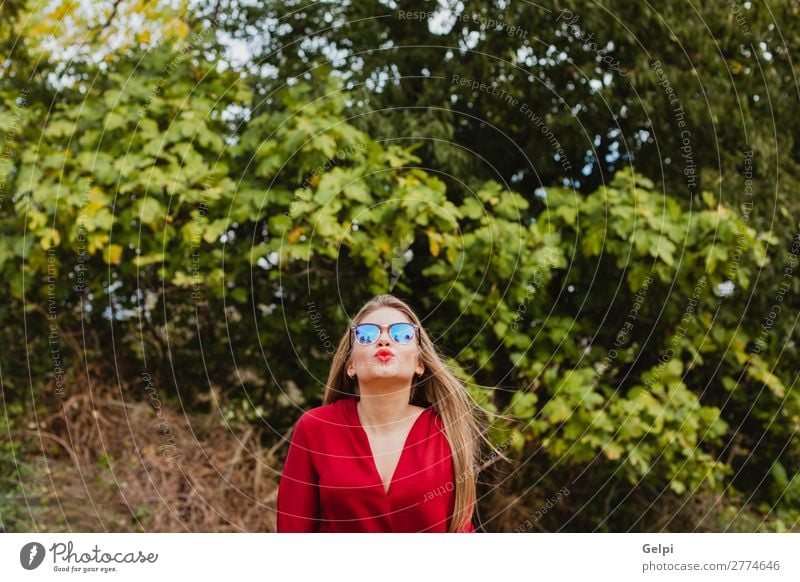 Hübsches blondes Mädchen mit roten Kleidern. Lifestyle Stil schön Mensch Frau Erwachsene Lippen Natur Herbst Baum Blatt Park Straße Mode Bekleidung Sonnenbrille