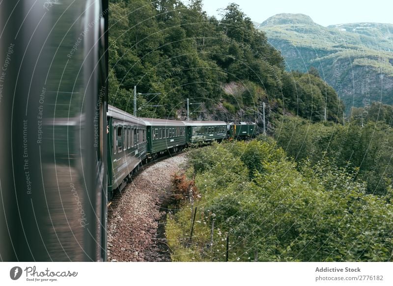 Zugfahrt im grünen Tal Landschaft Eisenbahn Berge u. Gebirge reisend Wald Ferien & Urlaub & Reisen Ausflug Sommer Verkehr Natur Bahn Panorama (Bildformat)