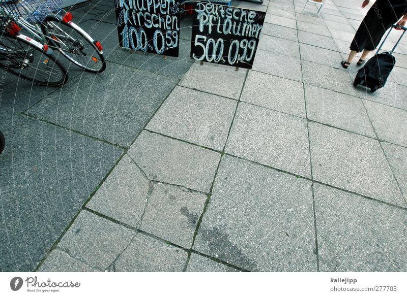 fallobst kaufen Wirtschaft Mensch Frau Erwachsene 1 Fahrrad Bürgersteig Schilder & Markierungen Preisschild Angebot Farbfoto Außenaufnahme Tag Kontrast