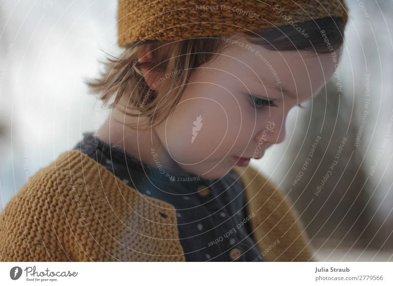 Mädchen Strickjacke beobachten süß feminin Kleinkind 1 Mensch 1-3 Jahre Jacke Bluse gestrickt Stirnband brünett blond kurzhaarig Pony schön gelb grau Vorsicht