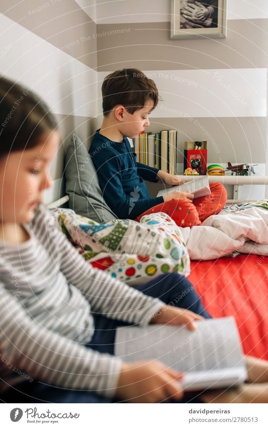 Junge und Mädchen lesen ein Buch Lifestyle schön ruhig Schlafzimmer Kind Schule Mensch Frau Erwachsene Mann Schwester Familie & Verwandtschaft Freundschaft