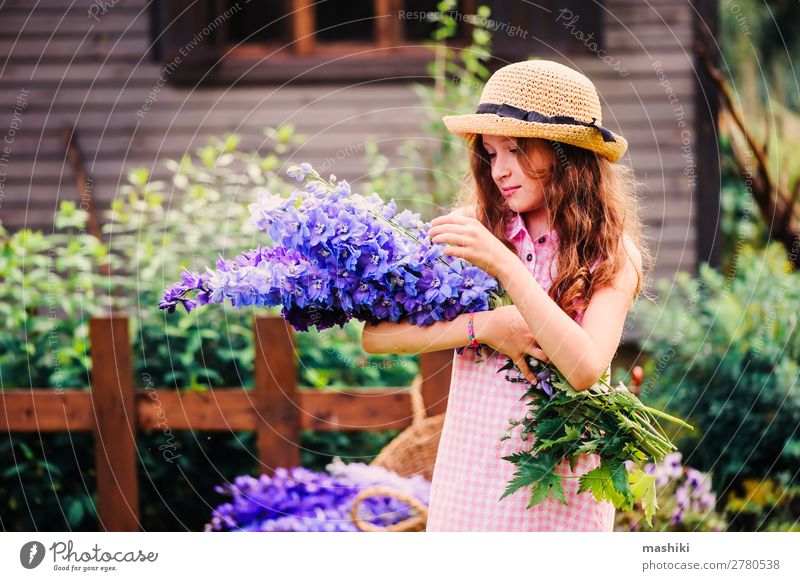 Romantisches Porträt eines glücklichen Mädchens, das einen Blumenstrauß pflückt Glück schön Spielen Sommer Haus Garten Dekoration & Verzierung Kind Gartenarbeit