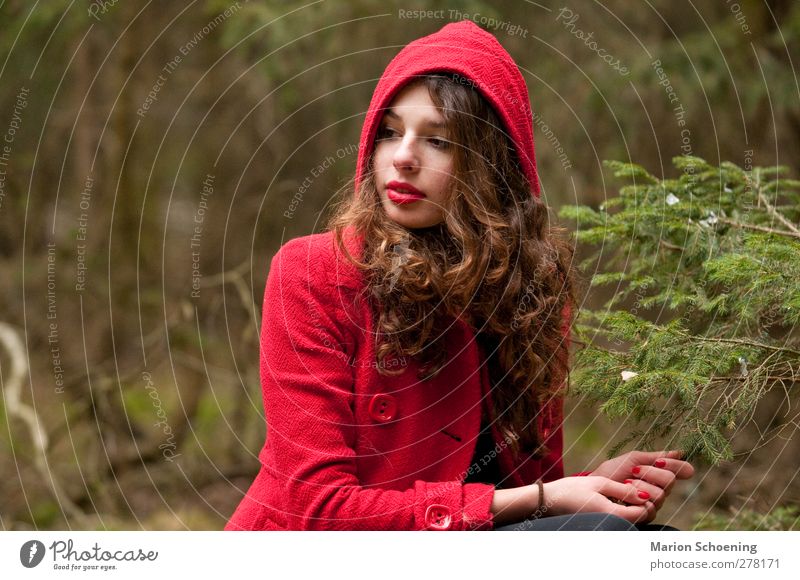 Versunken feminin Junge Frau Jugendliche 1 Mensch Wald träumen rot Rotkäppchen Märchen Farbfoto Außenaufnahme Porträt Oberkörper Wegsehen langhaarig brünett