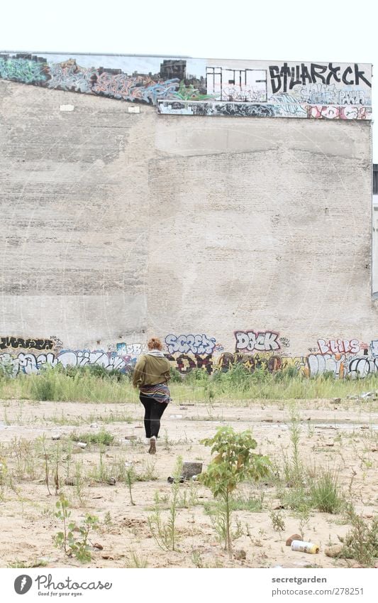 gegen die wand. feminin Junge Frau Jugendliche 1 Mensch 18-30 Jahre Erwachsene Umwelt Erde Sand Sommer Gras Sträucher laufen grau grün Grafik u. Illustration