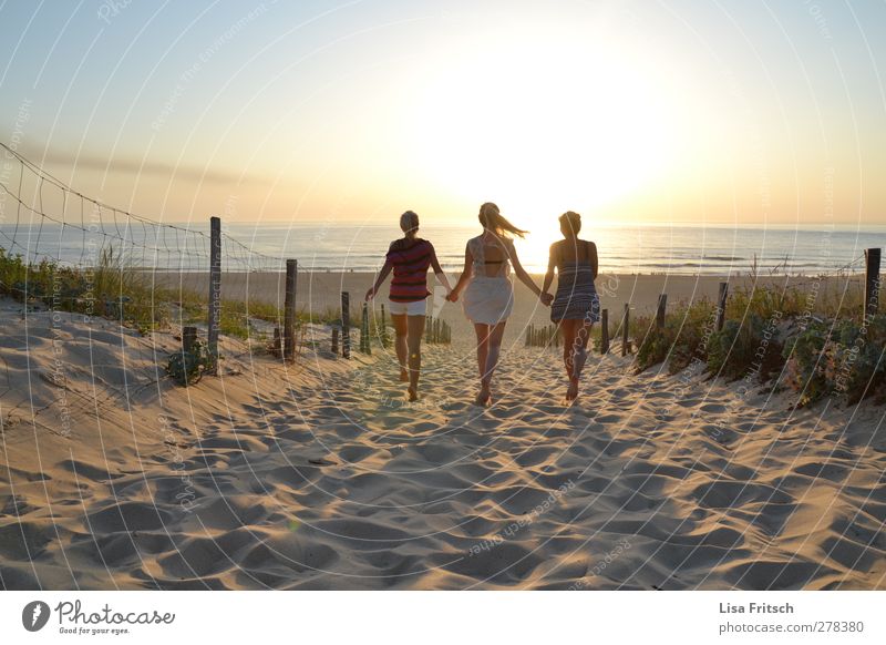 hello sunshine Mensch feminin Junge Frau Jugendliche Freundschaft Leben 3 18-30 Jahre Erwachsene Wasser Sonnenaufgang Sonnenuntergang Schönes Wetter Strand Meer