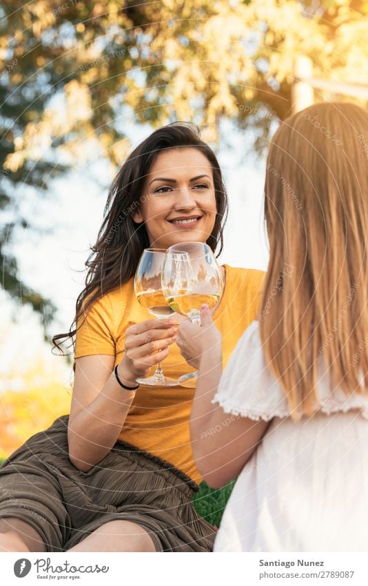 Schöne Frauen, die im Park Wein trinken. Picknick Freundschaft Jugendliche Glück Glas Zuprosten klirrend Gitarre Sommer Mensch Freude Mädchen hübsch Liebe schön